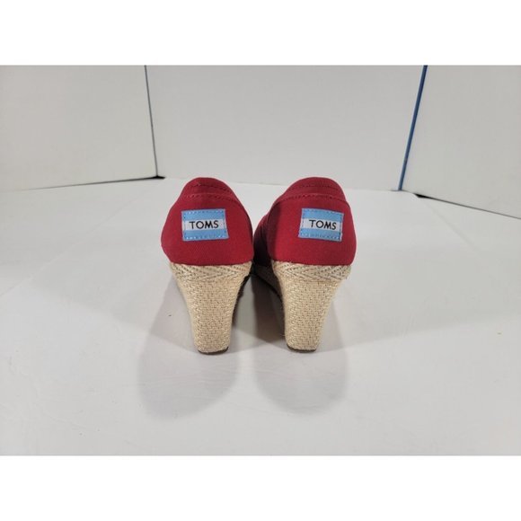 Toms Womens Wedges Size 7.5 Red Classic Canvas Espadrille Slip On Peep Toe - Picture 2 of 7